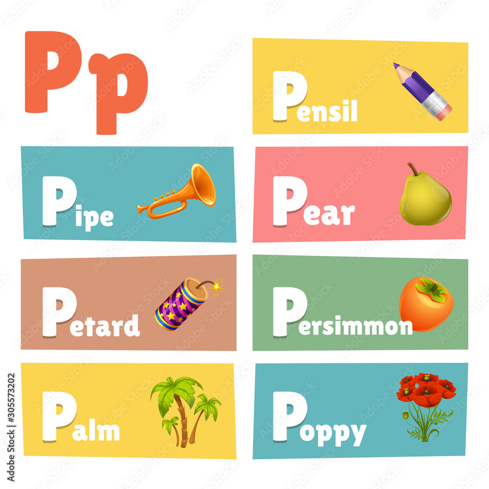 vector P letter with pictures and words with P