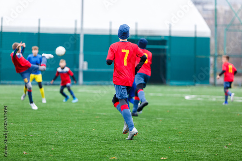Boys in red and blue sportswear plays football on field, dribbles ball. Young soccer players with ball on green grass. Training, football, active lifestyle for kids concept  © Natali
