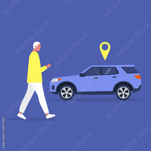 Young male character using a car sharing mobile app service, millennial lifestyle