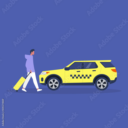 Young male tourist with a suitcase getting in a taxi, airport transfer,  millennial lifestyle