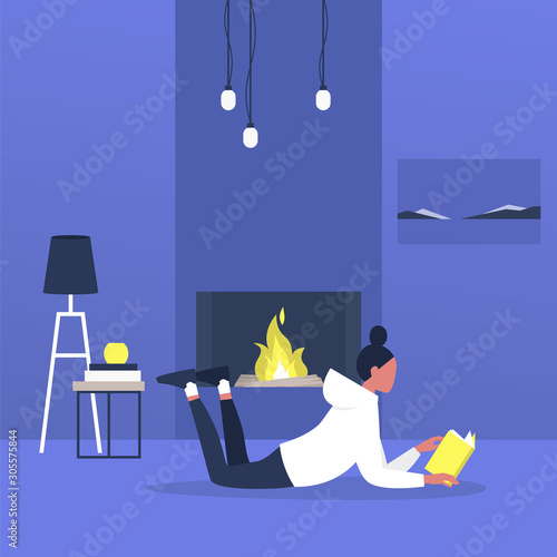 Young female character lying on a floor next to a fireplace and reading a book, modern living room interior