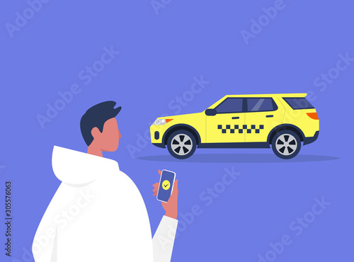 Young male character ordering a taxi with a mobile app service, yellow cab with checkered pattern