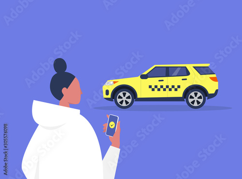 Young female character ordering a taxi with a mobile app service, yellow cab with checkered pattern