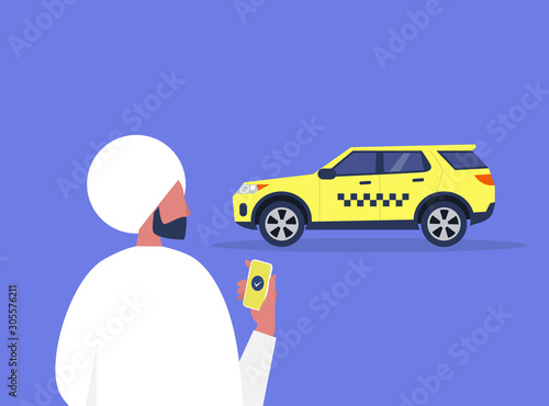 Young indian male character ordering a taxi with a mobile app service, yellow cab with checkered pattern