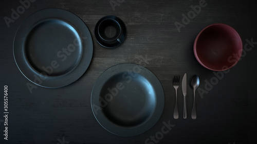 3D render of a set of dishes for presentation on a dark background