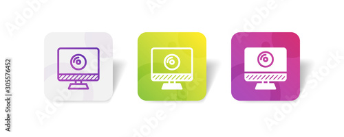 desktop monitor screen with disk sign - outline and solid style icon with colorful smooth gradient background