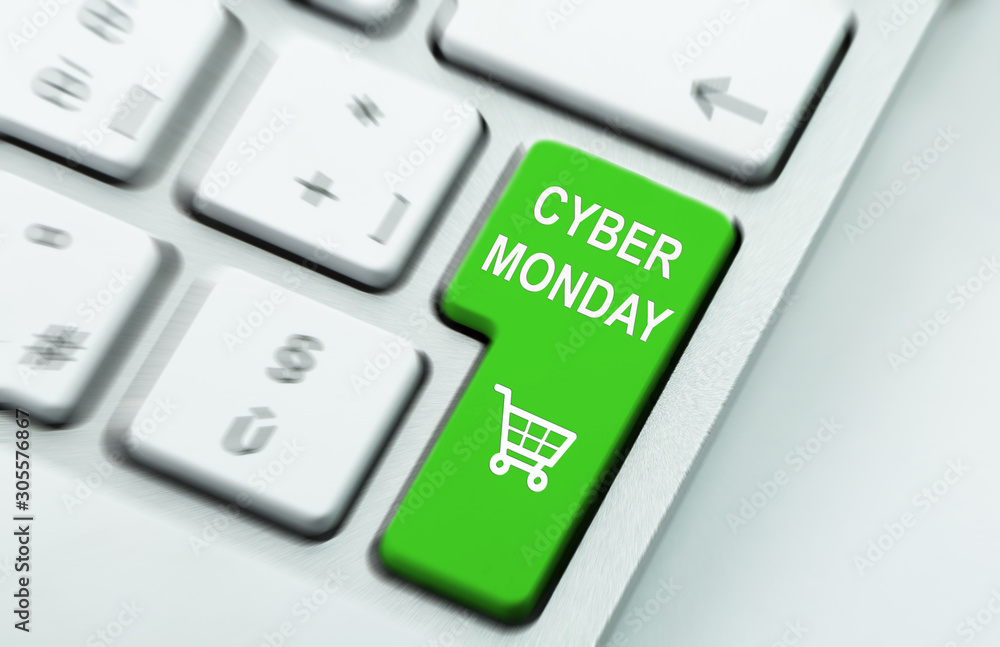 Computer notebook keyboard with inscriptions cyber monday and icon shopping  cart on key. Cyber Monday E-commerce concept Stock Photo | Adobe Stock