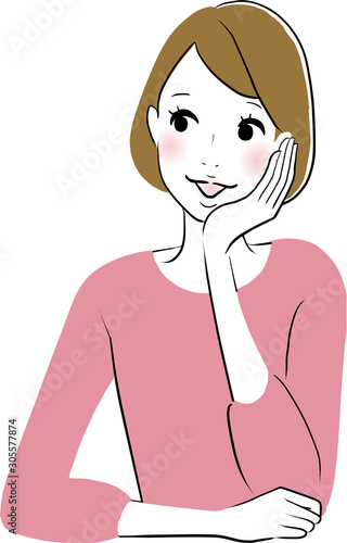 頬杖　女性　笑顔