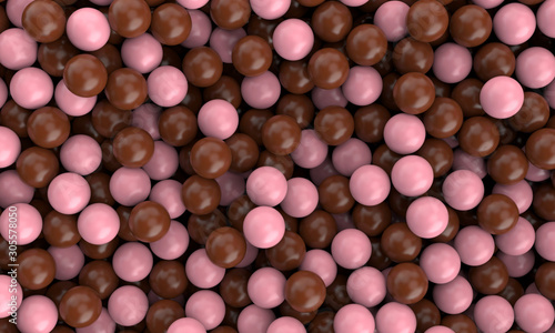 Many Flavour sweet delicious Chocolate milk and Pink Strawberry sphere ball smooth realistic Background wallpaper render, 3D illustration. © Maipai