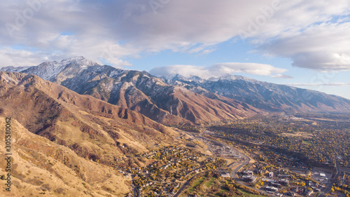 Salt Lake City Skyline, Downtown Aerial Drone. Neighborhood with mountains in the background