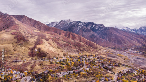 Salt Lake City Skyline, Downtown Aerial Drone. Neighborhood with mountains in the background © wayker