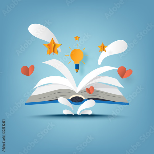 Open book and creative learning with light bulb paper art style.Vector illustration.