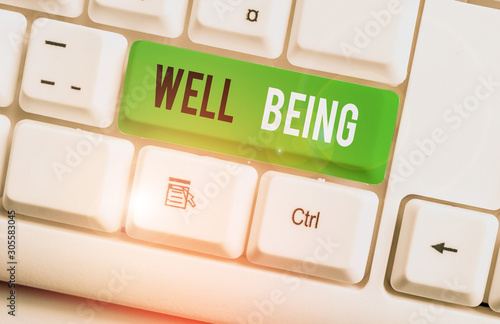 Writing note showing Well Being. Business concept for A good or satisfactory condition of existence including health White pc keyboard with note paper above the white background