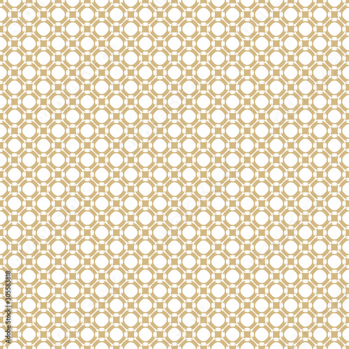 Vector golden seamless pattern. Abstract white and gold ornament in oriental style. Simple geometric figures, circles, squares, mesh, grid. Luxury background. Design for textile, decoration, wrapping