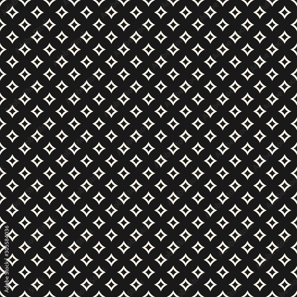 Vector seamless pattern with small curved diamond shapes, outline rhombuses. Simple abstract monochrome geometric background, repeat tiles. Stylish dark design for decor, textile, digital, web, covers Vector seamless pattern with small curved diamond shapes, outline rhombuses. Simple abstract monochrome geometric background, repeat tiles. Stylish dark design for decor, textile, digital, web, covers