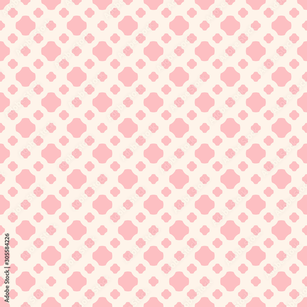 Cute vintage seamless pattern in trendy pastel colors, pink and beige. Abstract geometric background with small floral shapes, rounded crosses, dots. Subtle repeat fashionable texture. - Stock vector