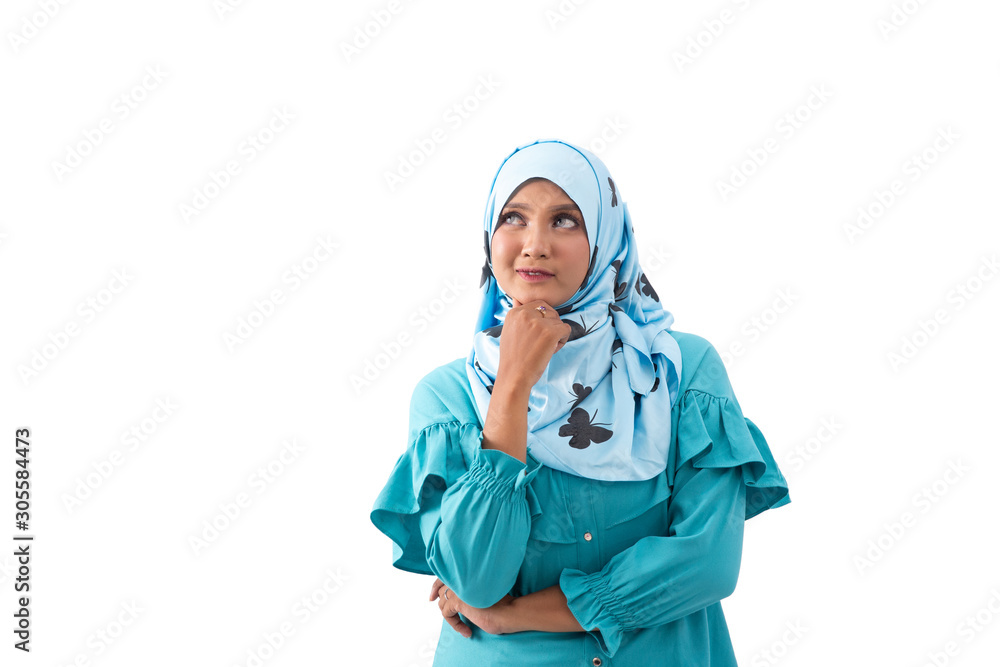 Young veiled women stand in thinking movements with isolated backgrounds Young veiled women stand in thinking movements with isolated backgrounds