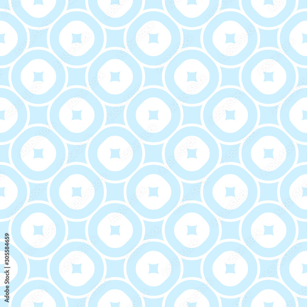 White and blue vector geometric seamless pattern. Subtle delicate repeat texture with circles, rounded linear grid. Simple abstract background. Elegant design for decor, textile, linens, baby clothing