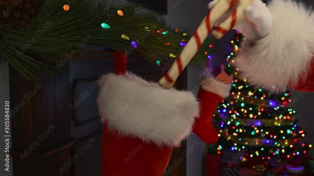 A close-up of Santa Claus’s hand placing a candy cane rawhide dog bone