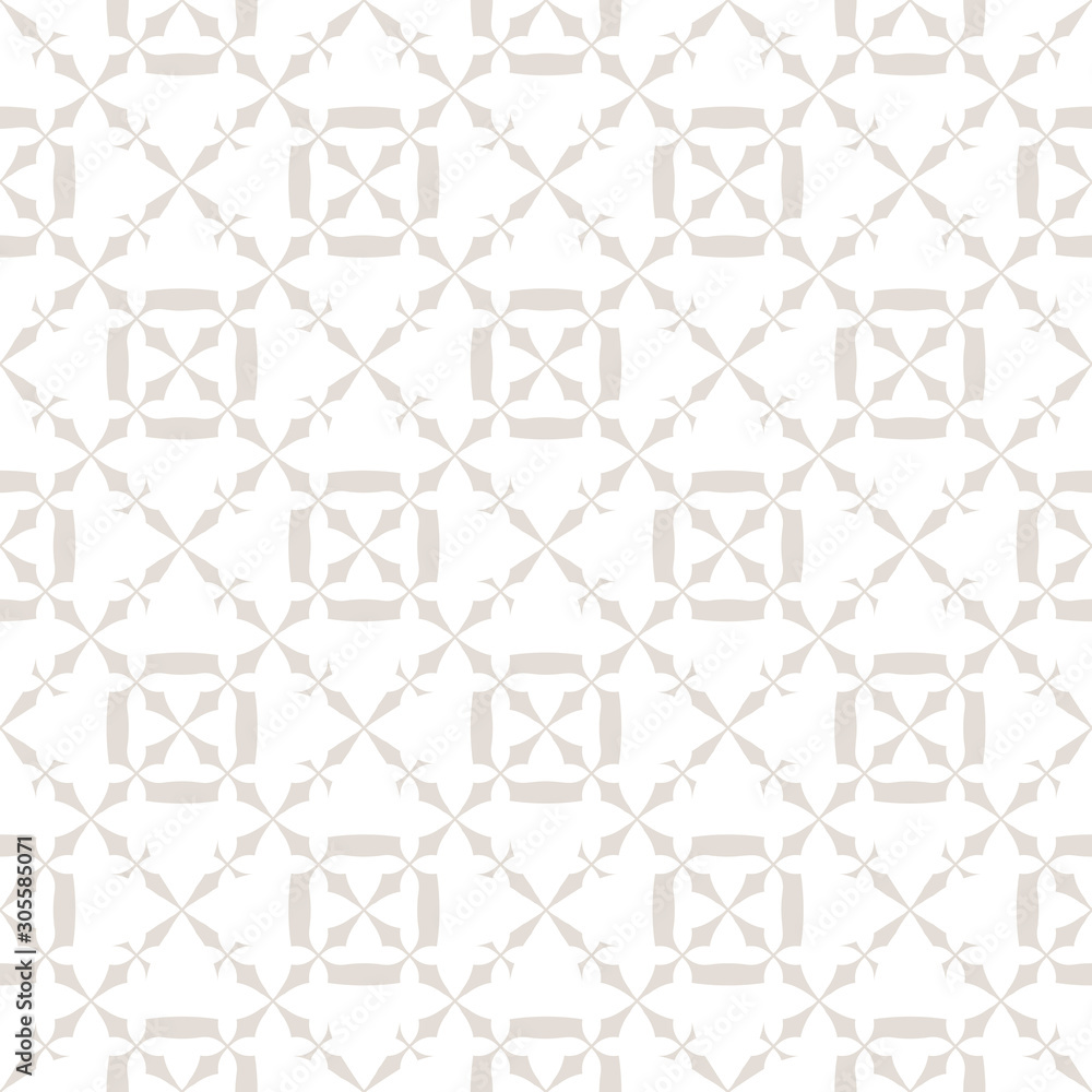 Subtle vector seamless pattern. Abstract geometric texture with crosses, floral figures, grid, repeat tiles. Delicate ornamental background in white and beige colors. Delicate design for decor, print Subtle vector seamless pattern. Abstract geometric texture with crosses, floral figures, grid, repeat tiles. Delicate ornamental background in white and beige colors. Delicate design for decor, print