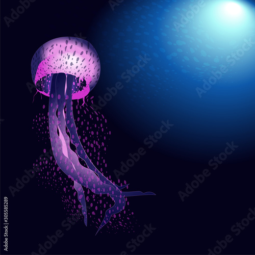 Pink and purple jellyfish in deep blue ocean