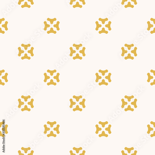 Vector minimalist floral geometric seamless pattern. Simple texture with small curved shapes, flower silhouettes, crosses. Abstract minimal background in yellow and white color. Elegant repeat design