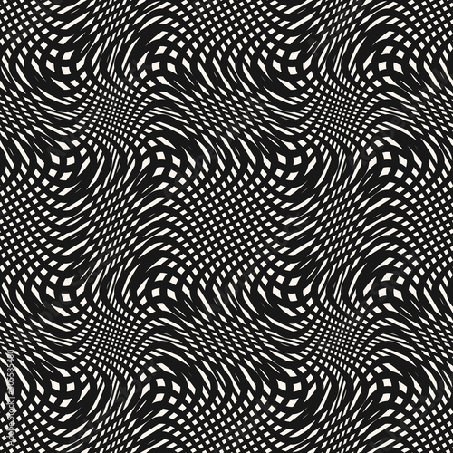 Curved mesh seamless pattern. Vector black and white texture with ripple surface, wavy lines, net, weave. Dynamical 3D effect, illusion of movement. Modern abstract repeat monochrome background