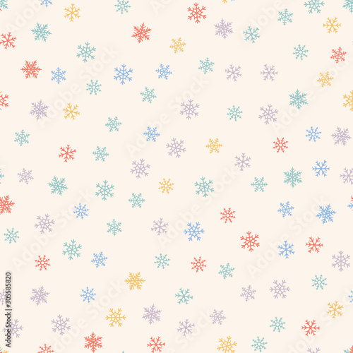 Winter seamless pattern. Christmas background with small colored snowflakes. Elegant vector texture. Festive holiday theme. Cute repeat design for kids, print, decoration, wallpaper, greeting card