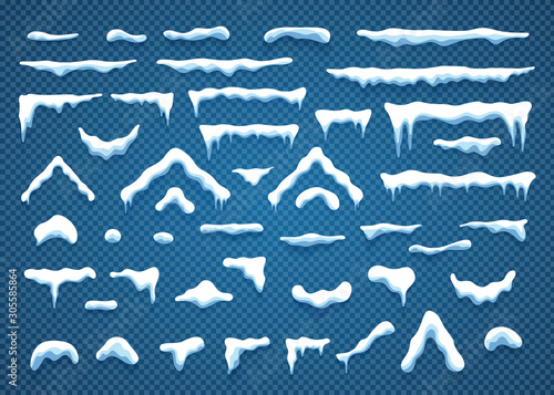 Snowcaps with snowflakes and icicles vector illustration collection. Horizontal and triangle white snow caps with icicle and snowflake isolated on blue background for winter ornament decoration