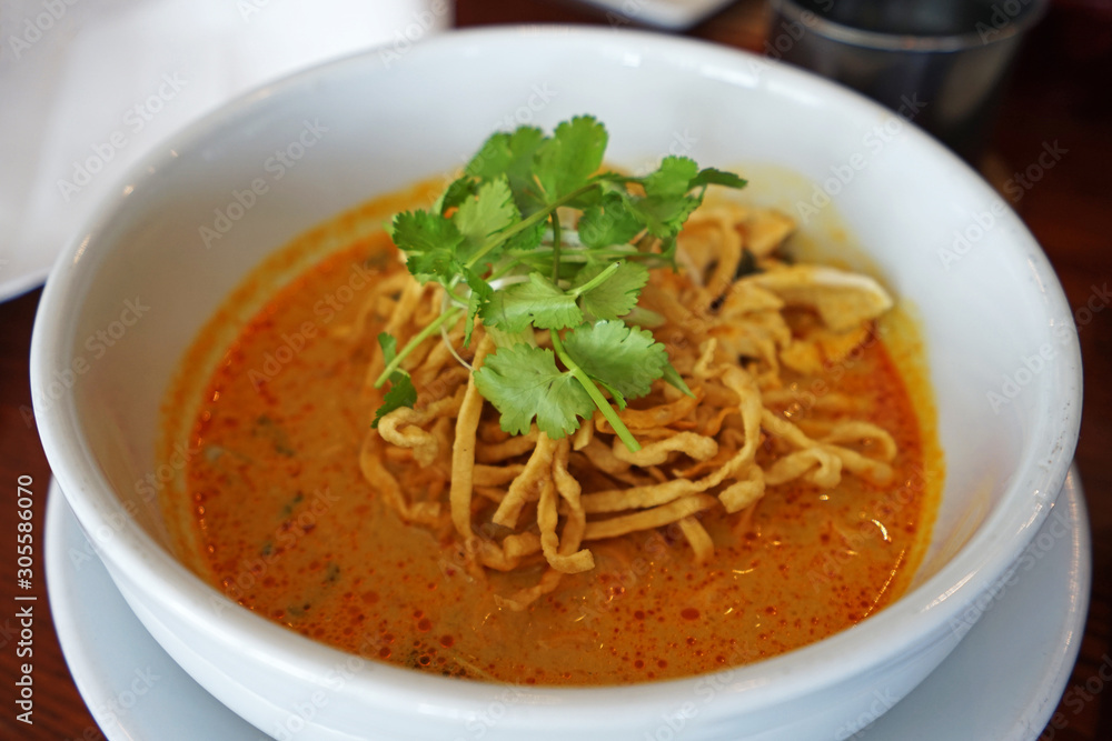 Close up Kao Soi ,Northern Thai style curry egg noodles Close up Kao Soi ,Northern Thai style curry egg noodles