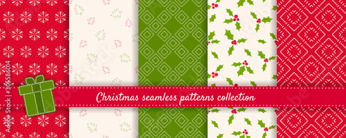 Christmas seamless patterns collection. Vector set of winter holiday background swatches. Modern colorful abstract textures with snowflakes, pine trees, mistletoe, nordic ornaments. Repeat design