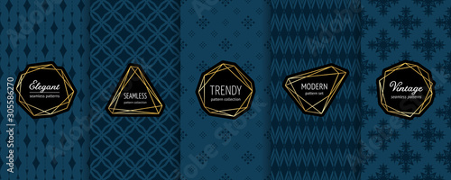 Luxury dark vector seamless patterns. Collection of ornamental background swatches with modern minimal golden labels. Elegant abstract geometric textures set. Premium design for decor, product package