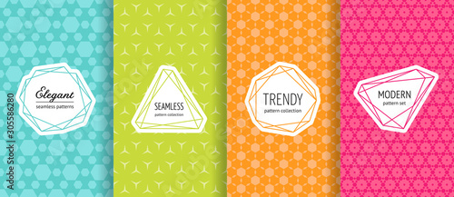 Vector geometric seamless pattern collection. Set of bright colorful background swatches with modern labels. Cute abstract textures. Design with hexagons, triangles. Blue, green, orange, pink color