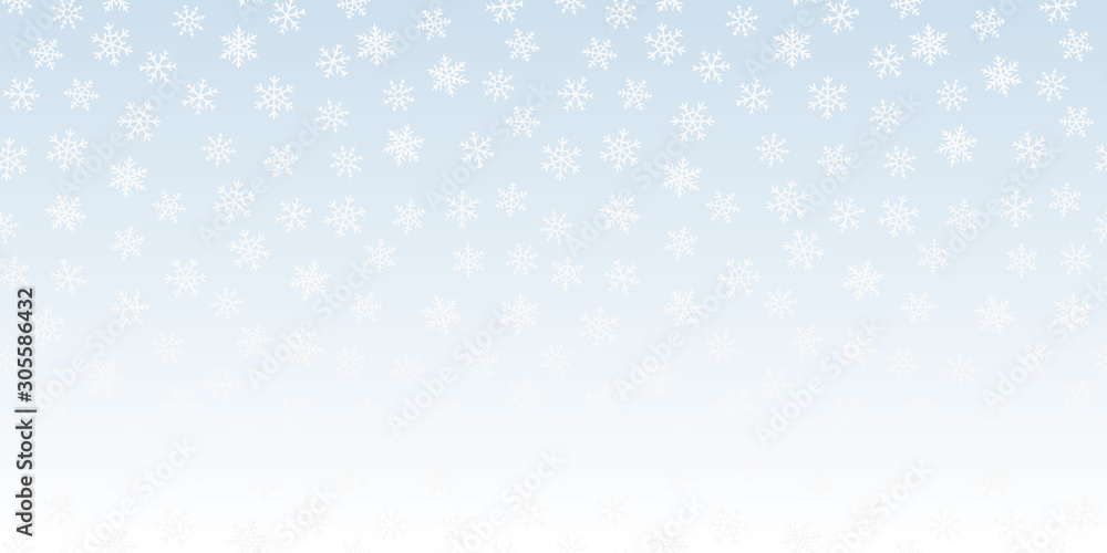 New Year and Christmas background with white small falling snowflakes. Elegant vector decorative texture. Horizontally seamless pattern. Subtle repeat design for decoration, website, cover, banner
