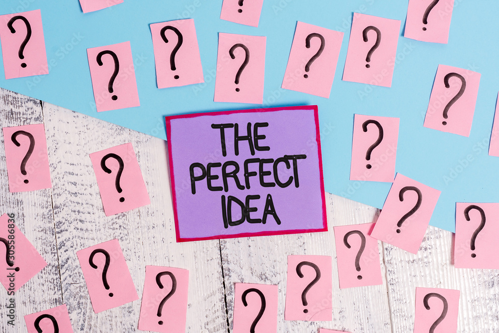 Handwriting text The Perfect Idea. Conceptual photo Exceptional thought or suggestion Without comparison Scribbled and crumbling papers with thick cardboard above wooden table Handwriting text The Perfect Idea. Conceptual photo Exceptional thought or suggestion Without comparison Scribbled and crumbling papers with thick cardboard above wooden table