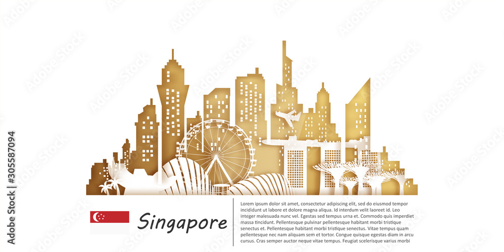 Singapore Travel postcard, poster, tour advertising of world famous landmarks in paper cut style. Vectors illustrations