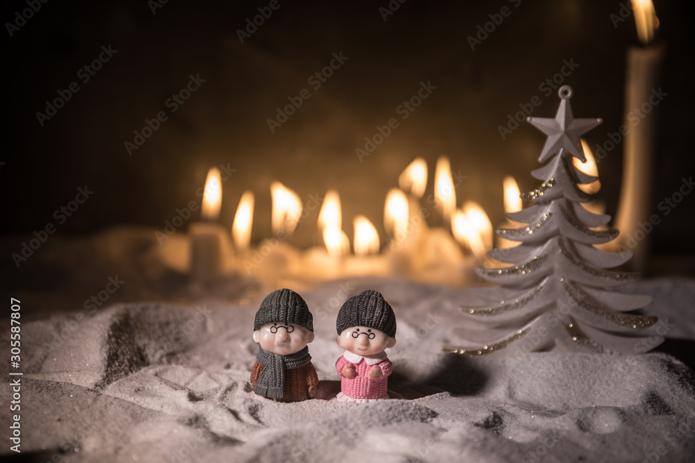 wedding bride and groom couple doll with hristmas gift box and decorations and pine cones on the wooden background