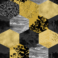 Handdoek met foto Marmeren hexagons patronen Geometrische vorm met aquarel en goud  © Tanya Syrytsyna