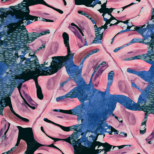 Summer abstract seamless pattern: watercolor tropical leaves on grunge textur...