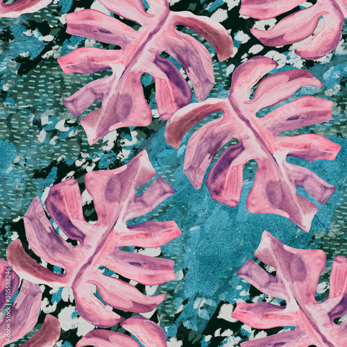 Summer abstract seamless pattern: watercolor tropical leaves on grunge textur...