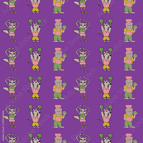 Vector purple vertical anthropomorphic characters seamless pattern background