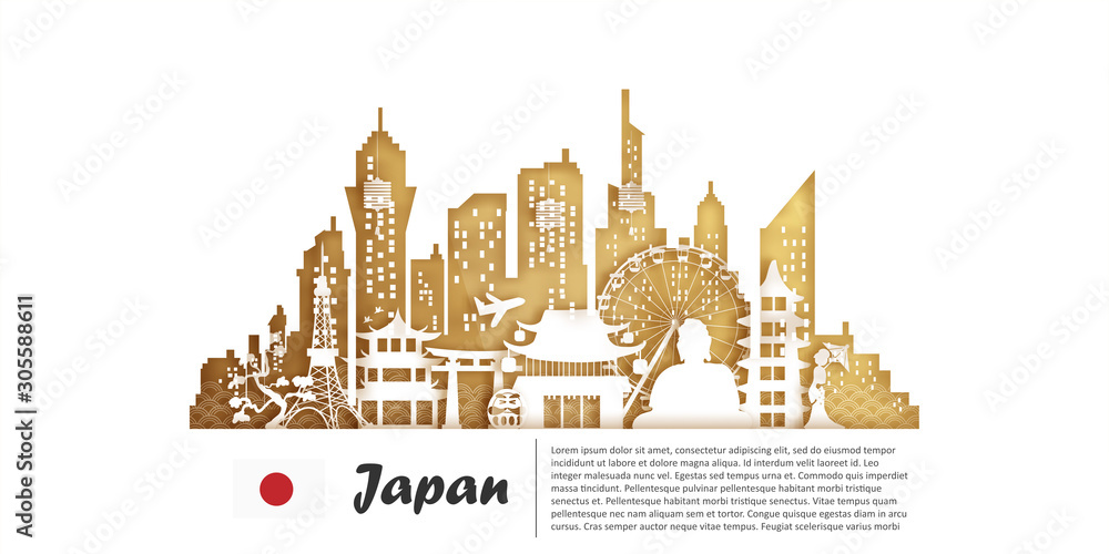 Tokyo, Japan with Gold Travel postcard, poster, tour advertising of world famous landmarks in paper cut style.