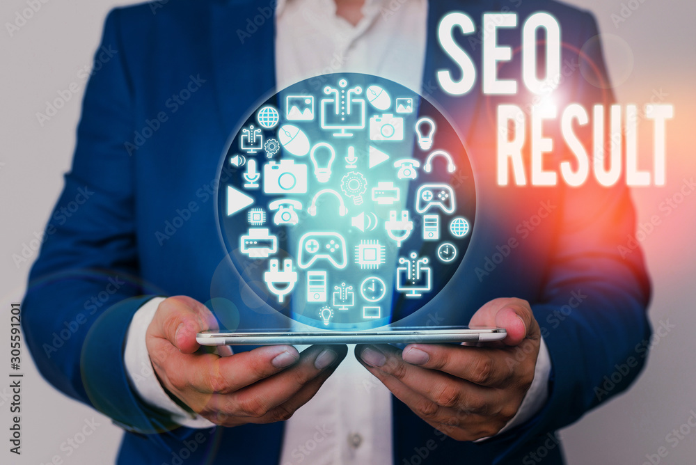 Writing note showing Seo Result. Business concept for the list created by search engines in response to a query Writing note showing Seo Result. Business concept for the list created by search engines in response to a query