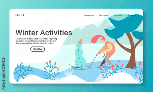 Funny girl dressed in stylish winter warm clothes with pink long hair makes a snowman and lugs him on sled.Cute happy young woman on bike. Cute vector illustration in flat style. Landing page ui ux