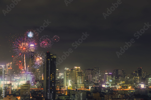city view and Bangkok with beautiful fireworks