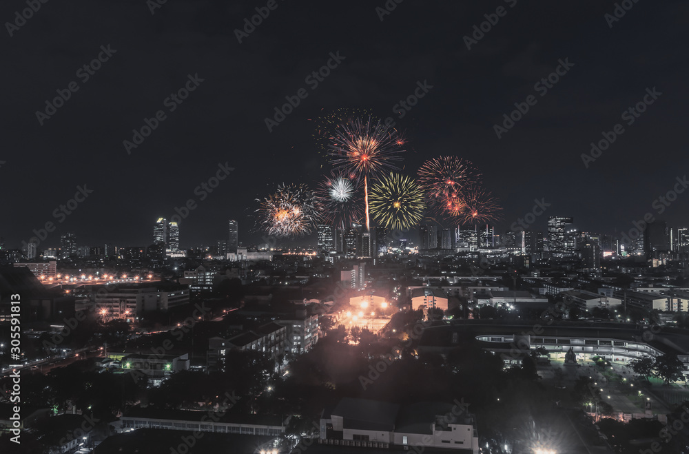 city view and Bangkok with beautiful fireworks