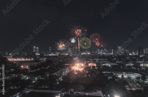 city view and Bangkok with beautiful fireworks