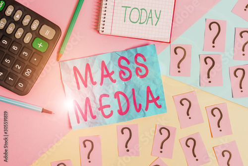 Handwriting text writing Mass Media. Conceptual photo Group showing making news to the public of what is happening Mathematics stuff and writing equipment above pastel colours background