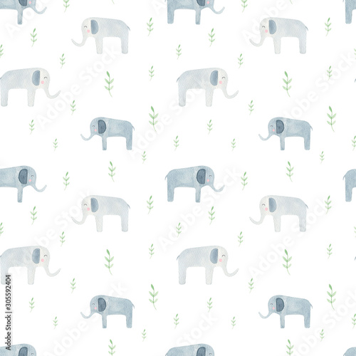 Photography Lovely elephants seamless pattern with leaves on white background for kid’s wear