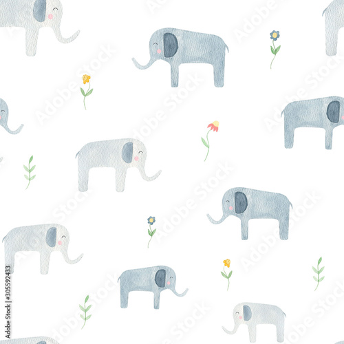 Photography Lovely elephants seamless pattern with wildflowers on white background for kid’s wear